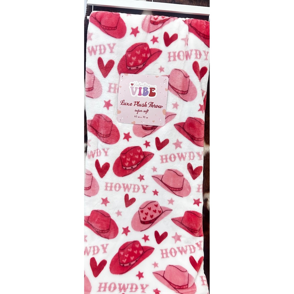 Valentine Vibe Luxe Plush Throw Blanket Pink Red Cowboy Hat Howdy Western‎ 60x70